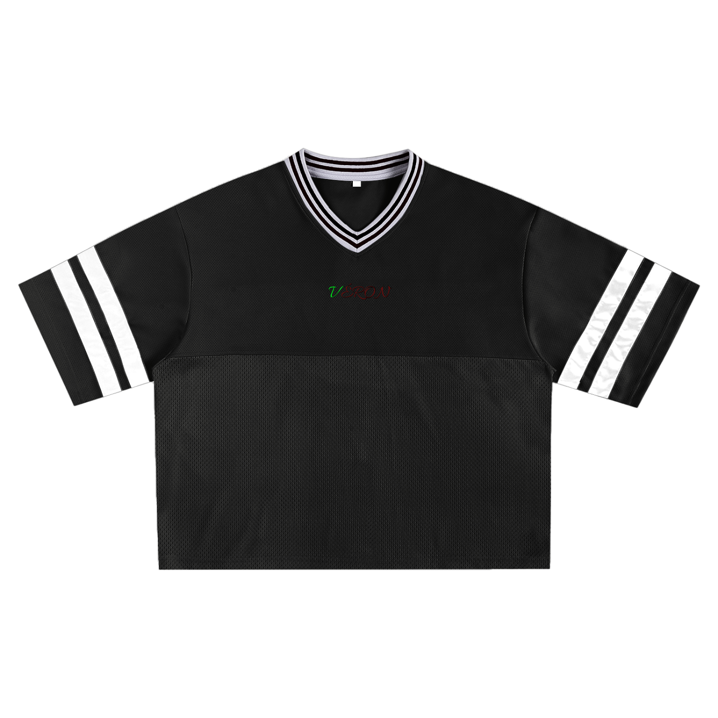 Black sports jersey with white stripes on sleeves and collar against a white background