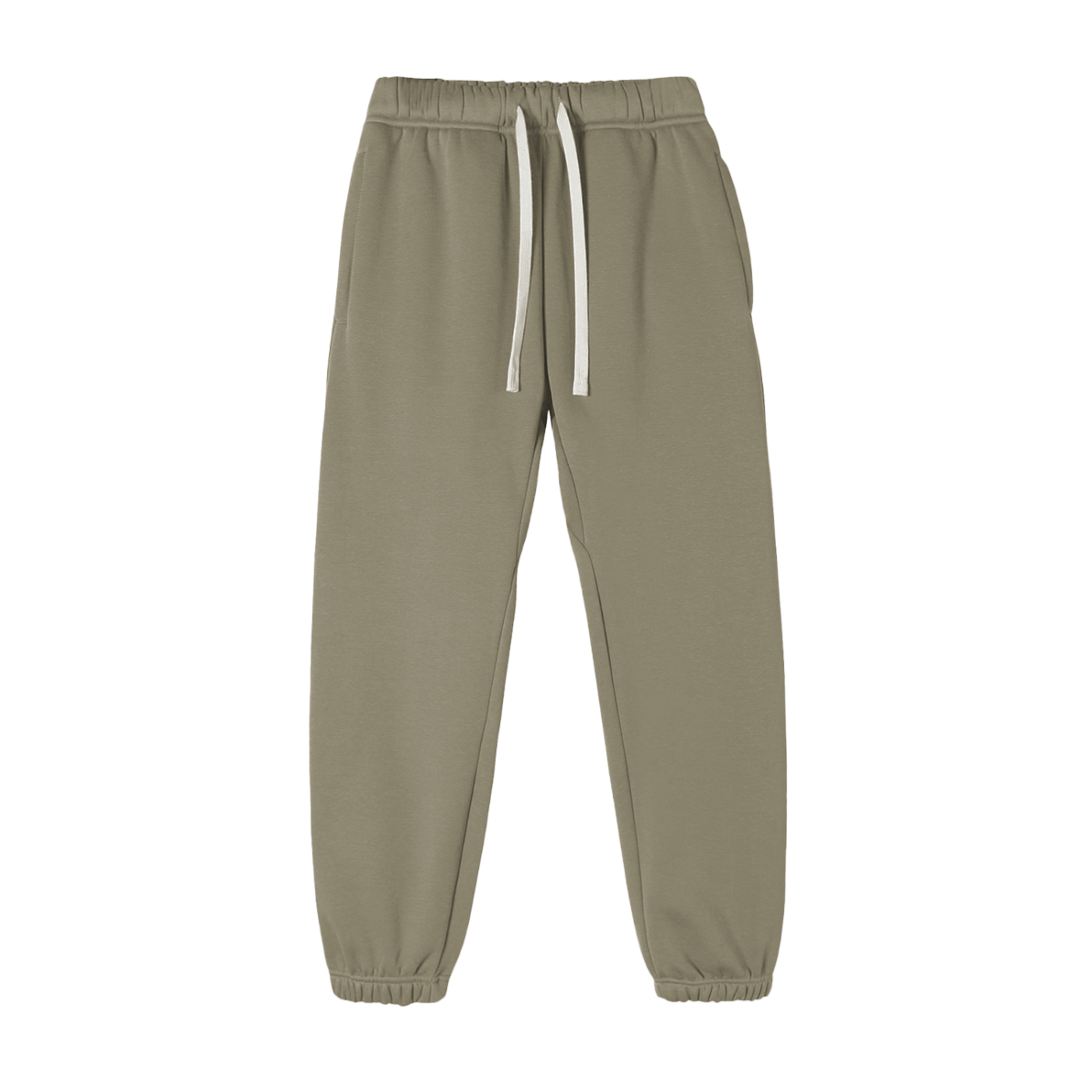Khaki sweatpants with a white drawstring on a white background