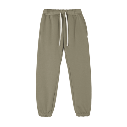 Khaki sweatpants with a white drawstring on a white background