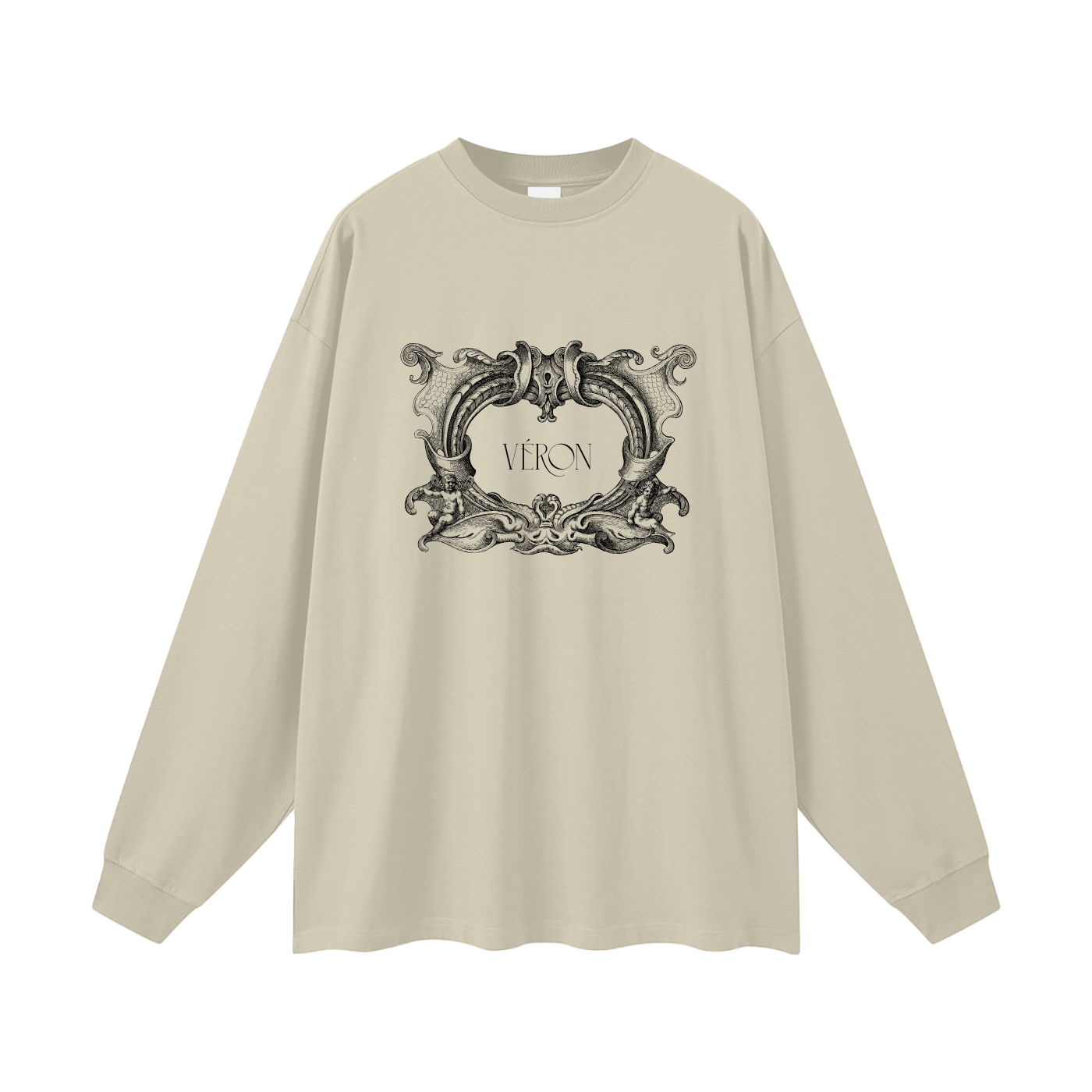 Beige long-sleeve shirt with decorative graphic and 'VERON' text on a white background