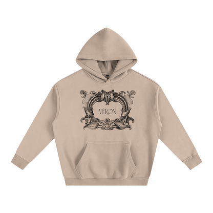 VERON Beige hoodie with decorative emblem and 'Véron' text on a white background