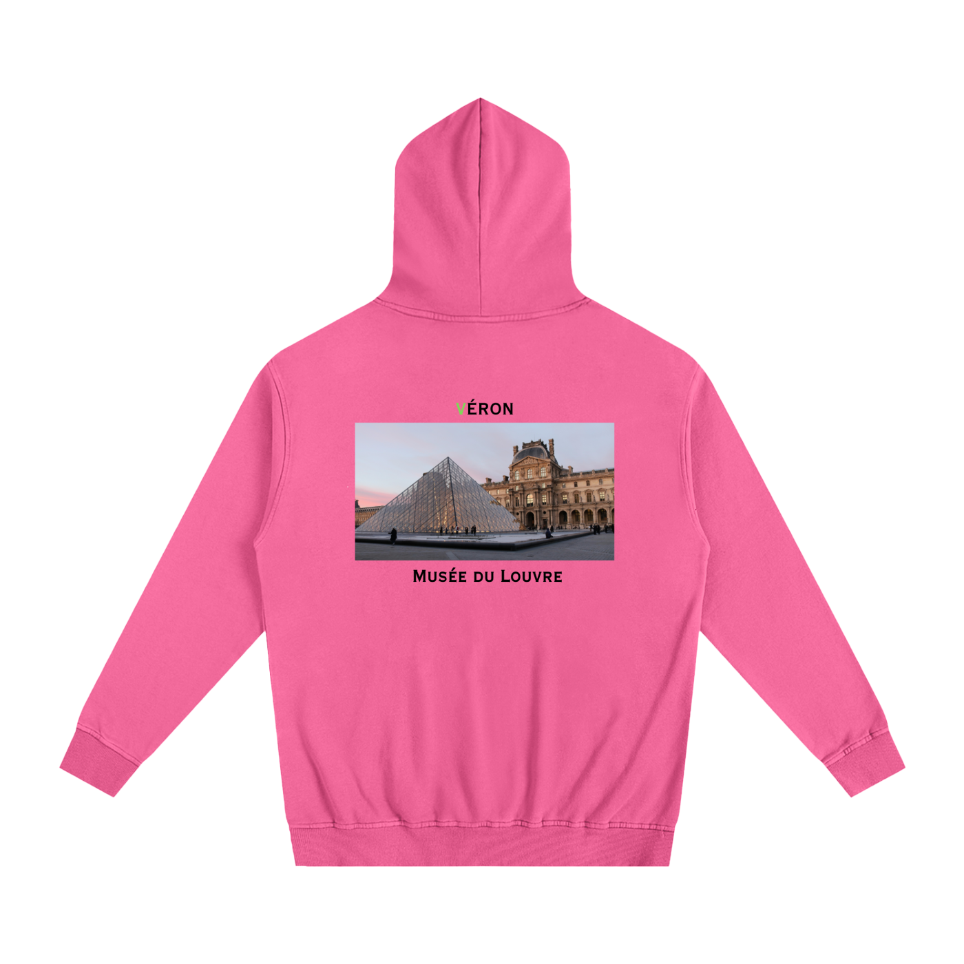Pink hoodie with a graphic of the Louvre Museum on the back