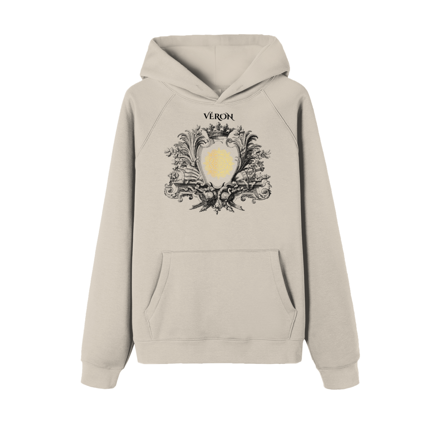 Beige hoodie with decorative emblem and 'VERON' text on a white background
