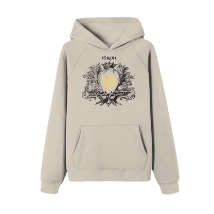Beige hoodie with decorative emblem and 'VERON' text on a white background