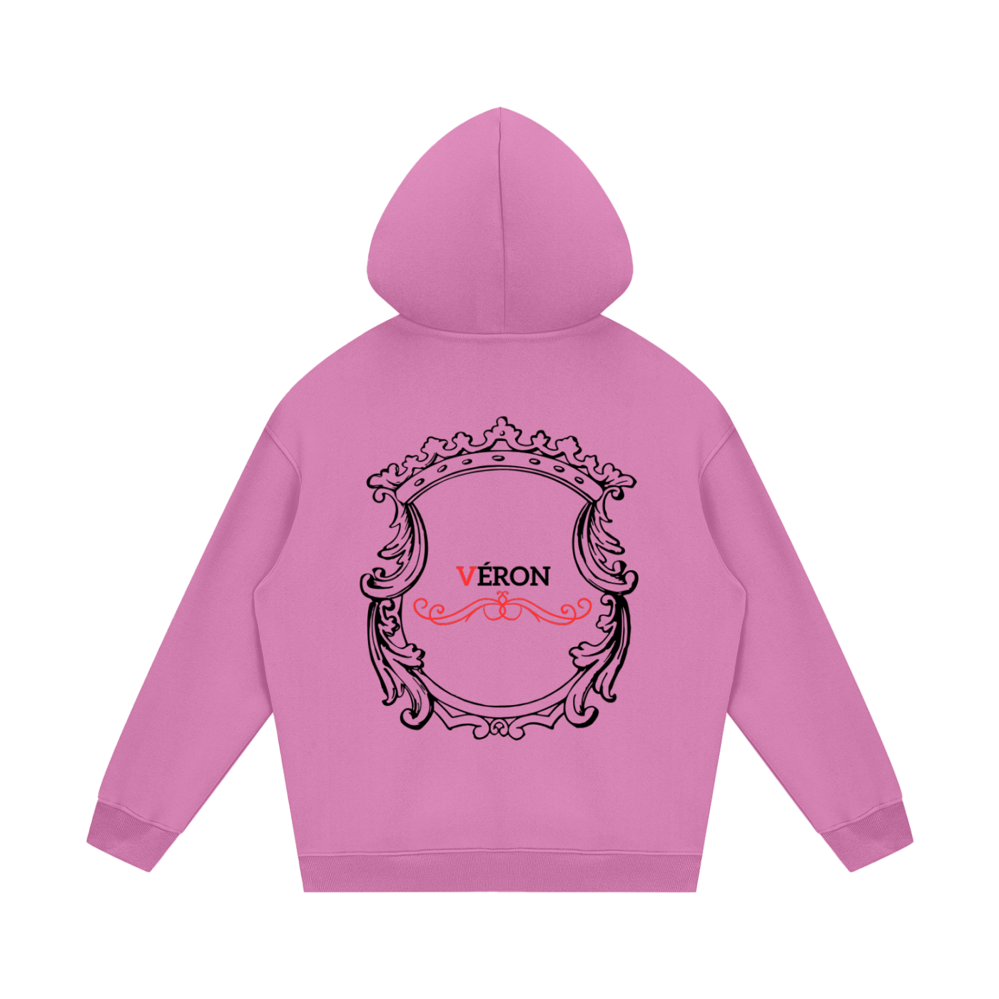 Pink hoodie with decorative back design and 'VERON' text on a white background