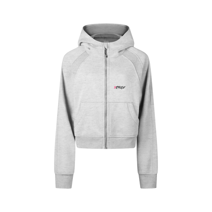 Front view of slim-fit women’s hoodie with half-zip detail by VÉRON.

