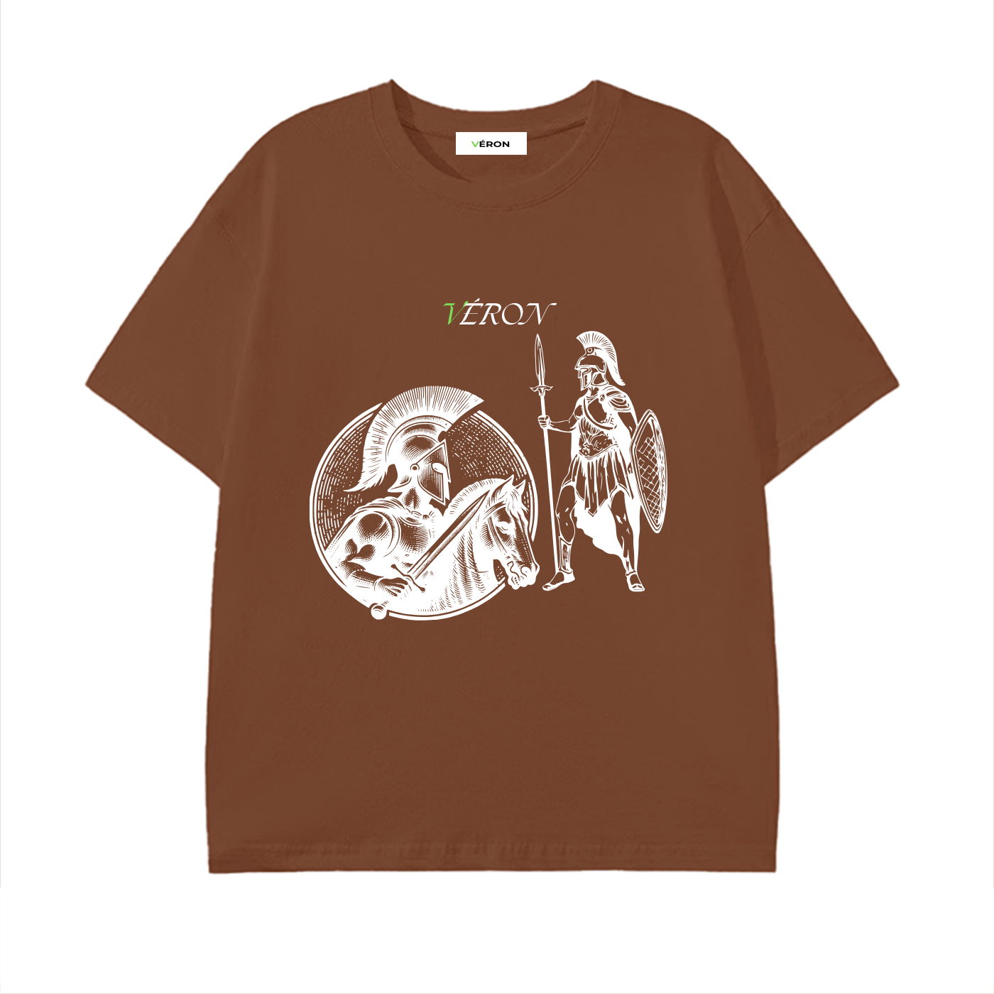 Brown t-shirt with white graphic design on a white background
