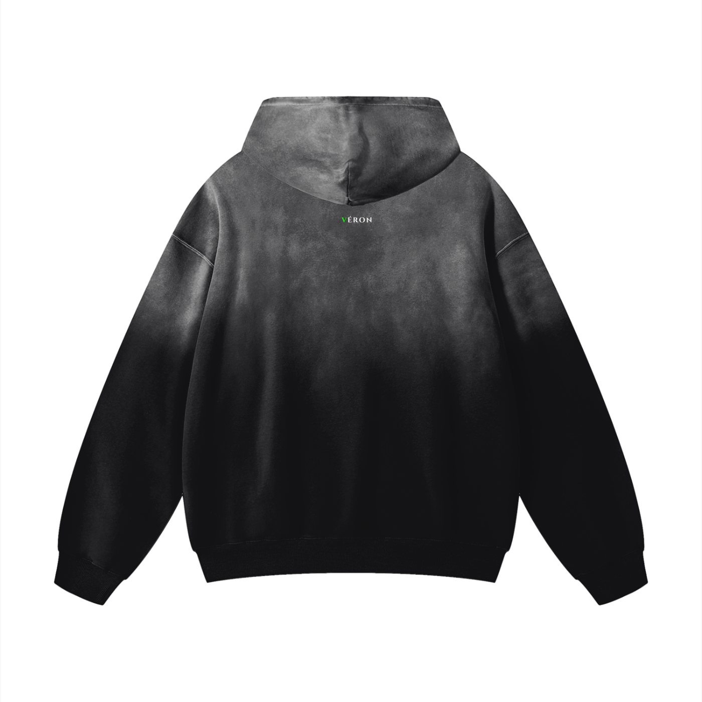 Black hoodie with a brand logo on the back against a white background