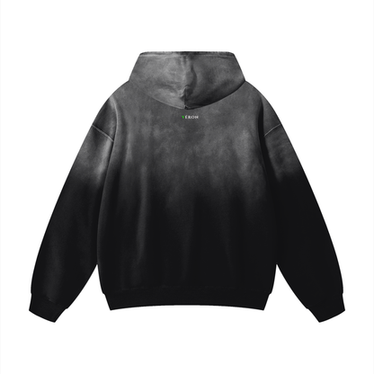 Black hoodie with a brand logo on the back against a white background