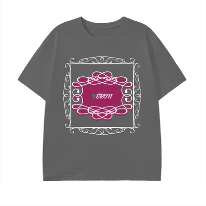 Gray t-shirt with a pink floral design and 'Veron' text on a white background