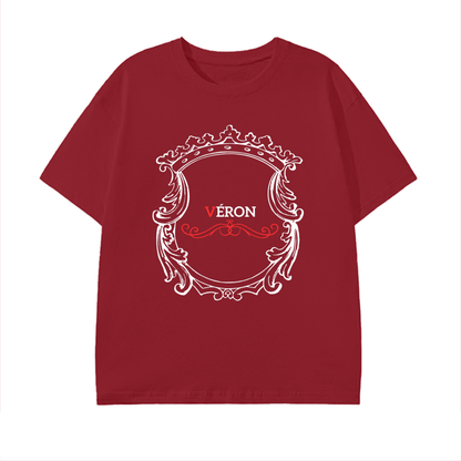 Red t-shirt with decorative white design and 'VERON' text on a white background