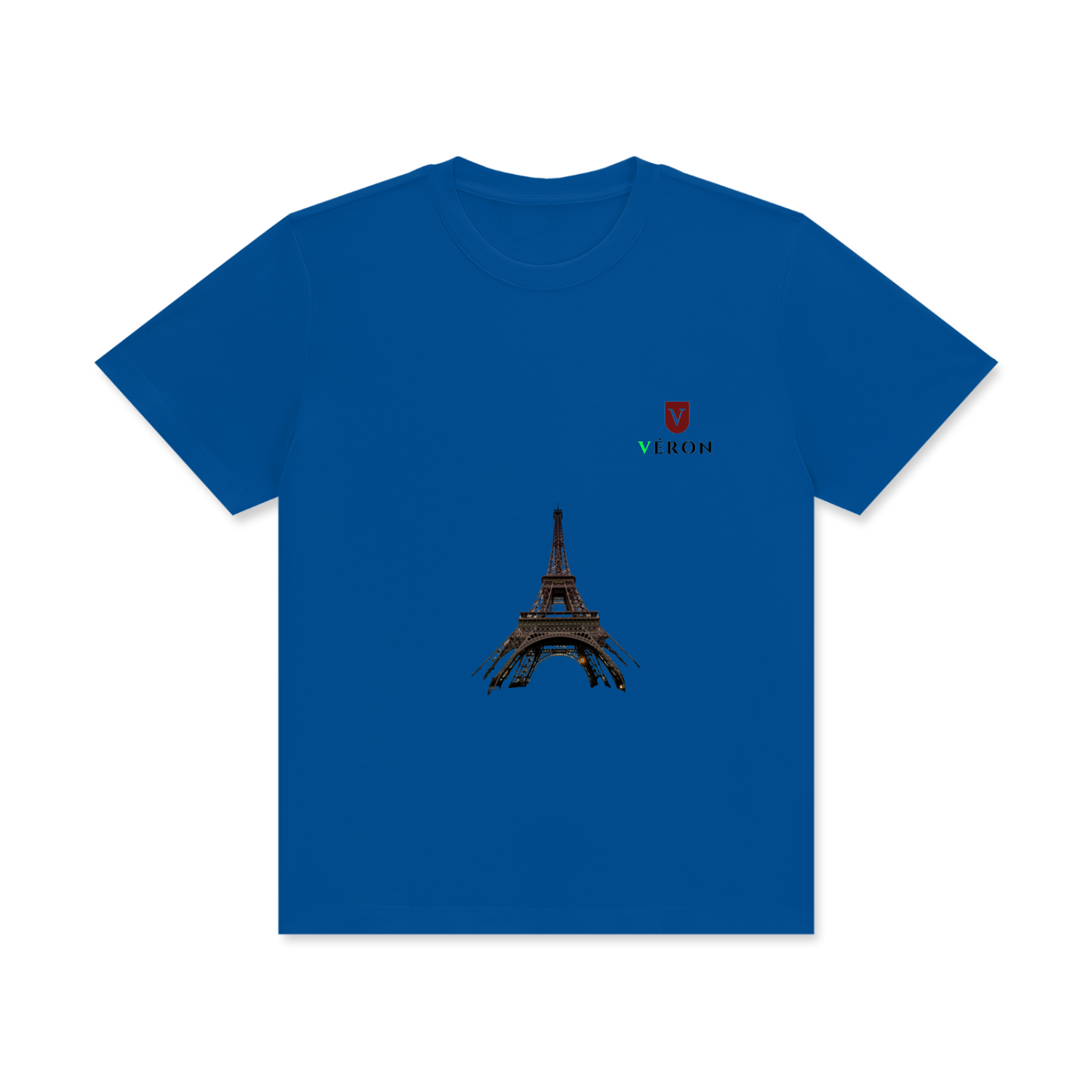Blue t-shirt with Eiffel Tower design on a white background