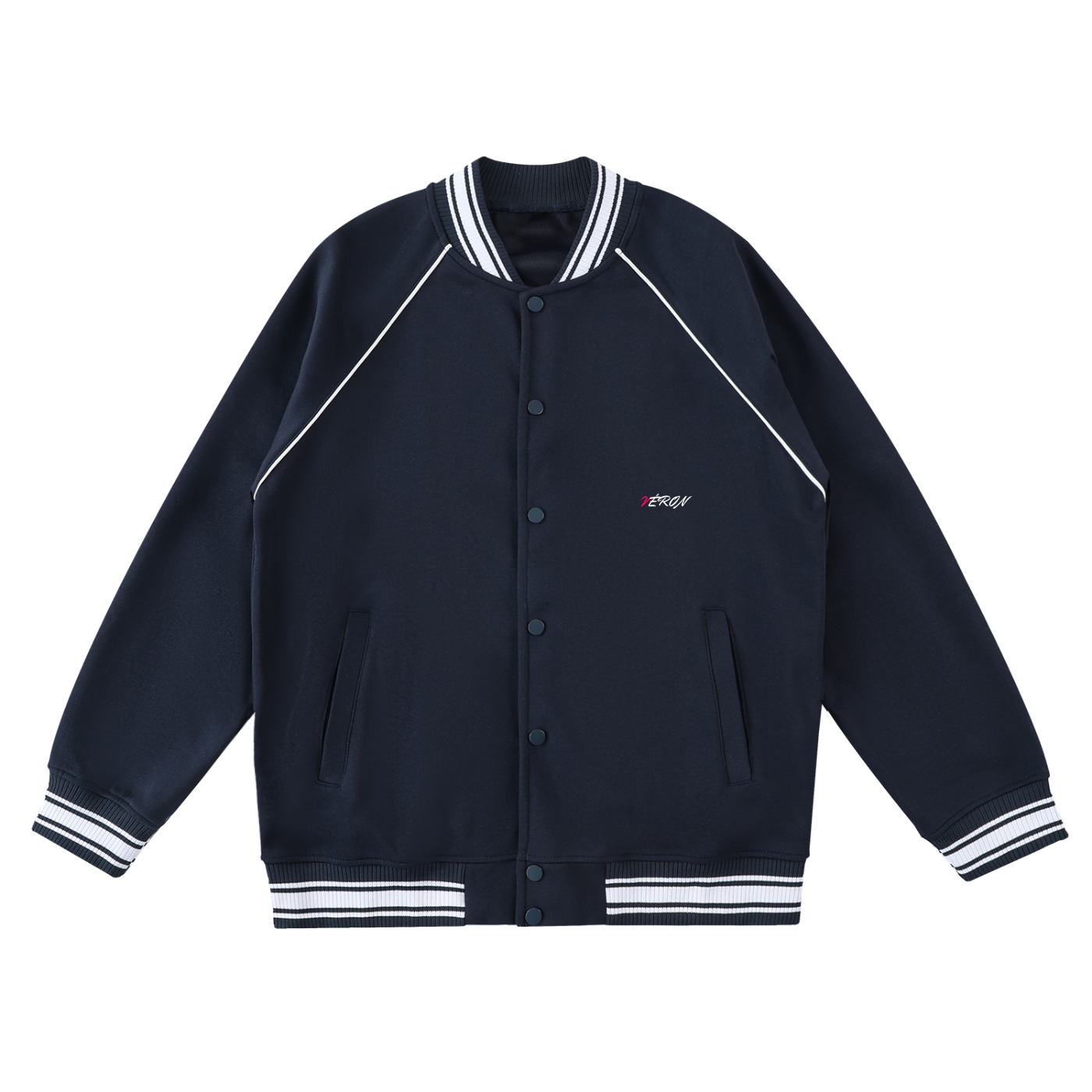 VERON Navy blue varsity jacket with white accents on a white background