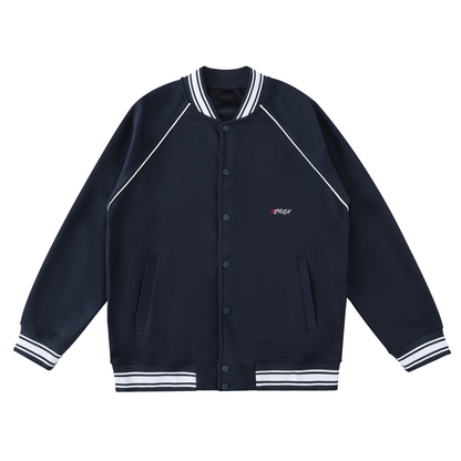 VERON Navy blue varsity jacket with white accents on a white background