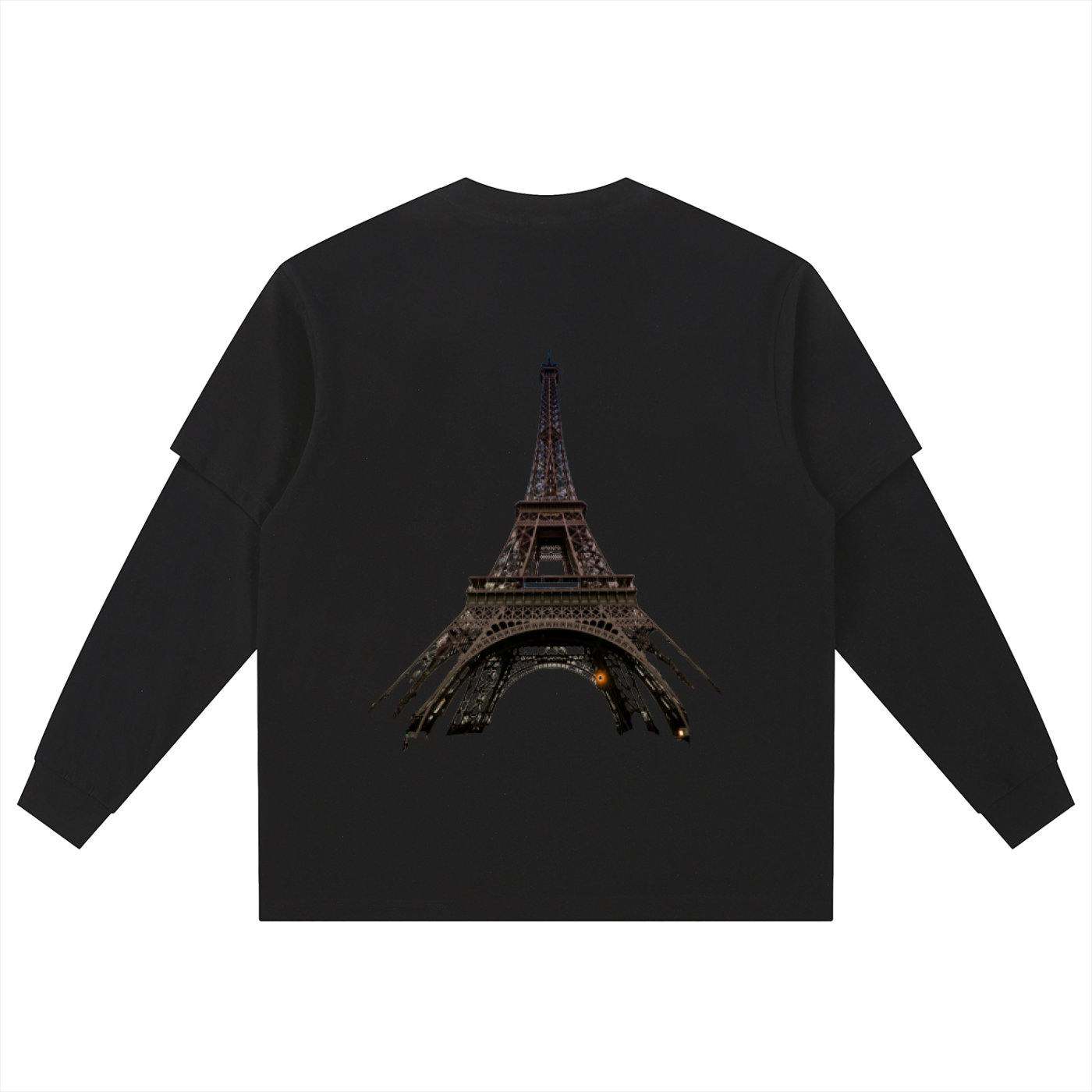 Back view of oversized Paris shirt highlighting unisex fit. 

