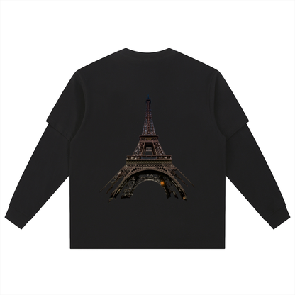 Back view of oversized Paris shirt highlighting unisex fit. 

