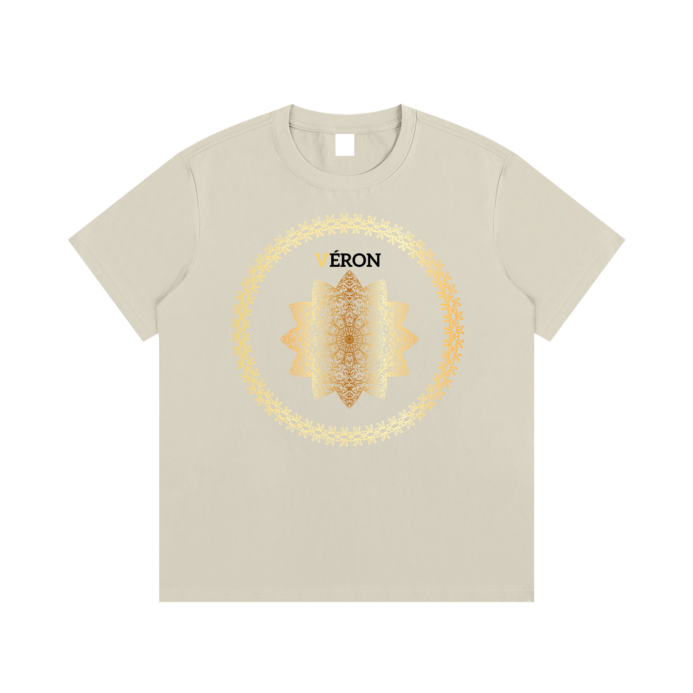 Beige t-shirt with a central design and 'VÉRON' branding on a white background