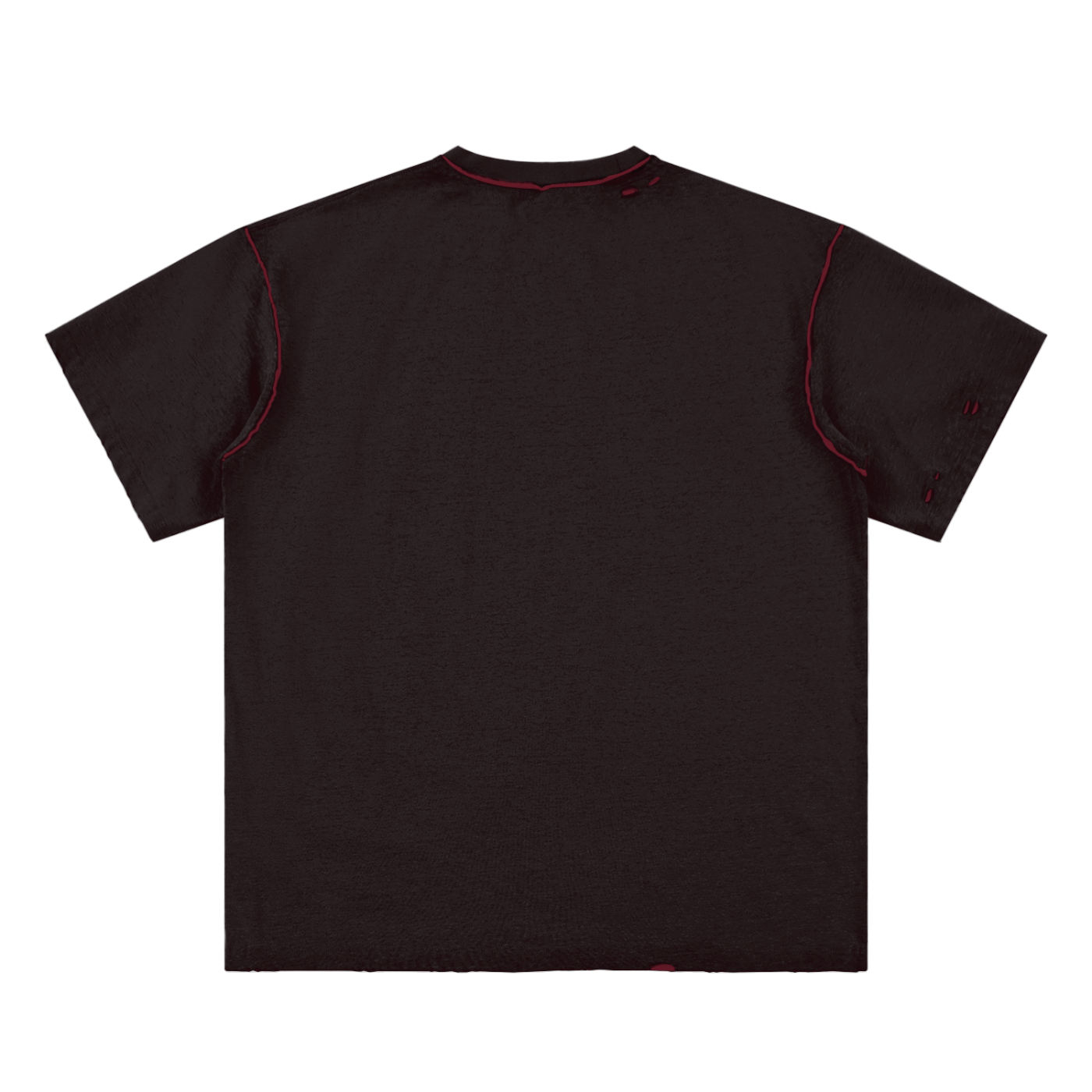 Black t-shirt with red trim on a white background