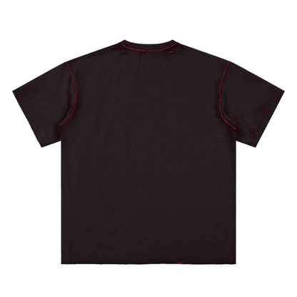 Black t-shirt with red trim on a white background