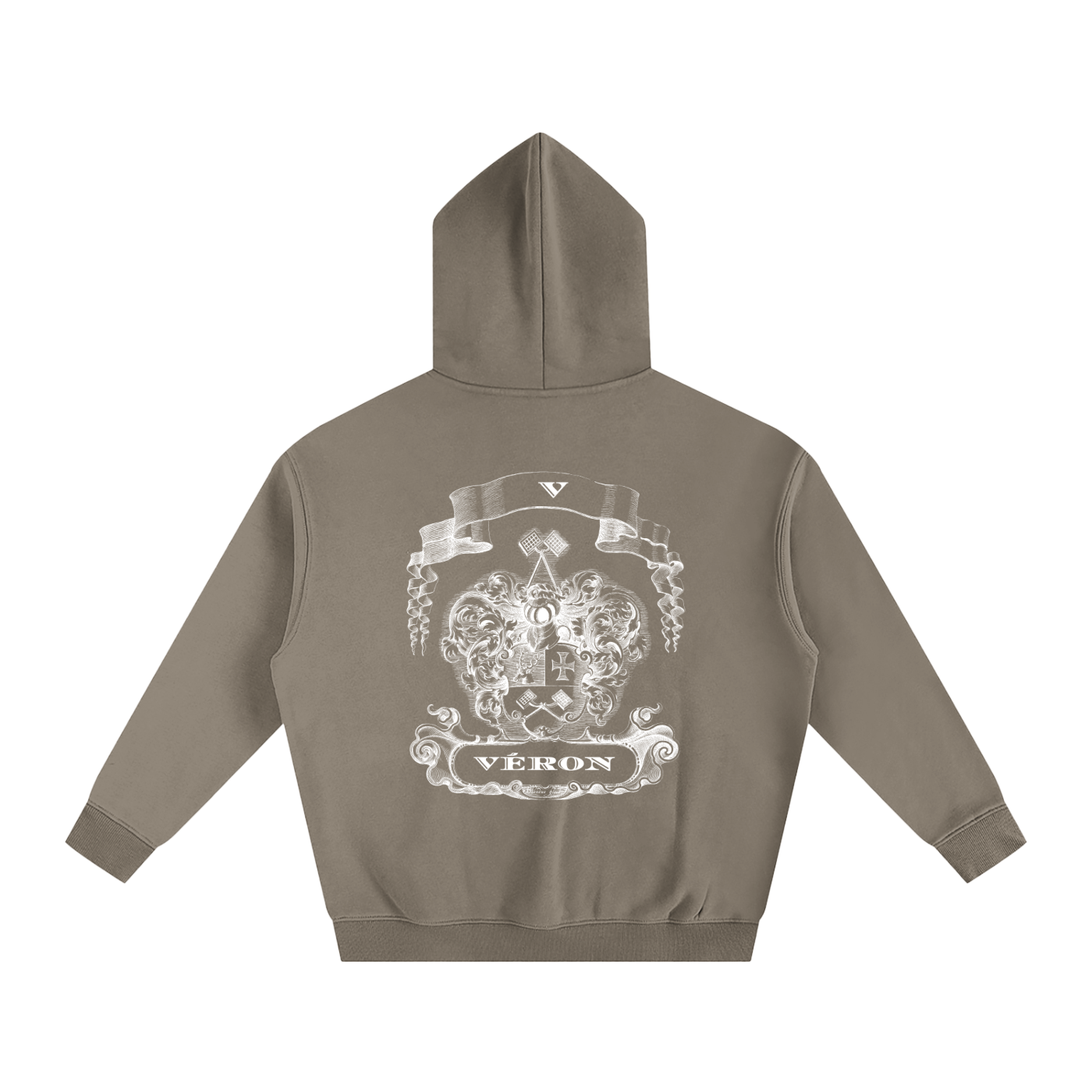 Brown hoodie with a white emblem and 'VERON' text on the back against a white background