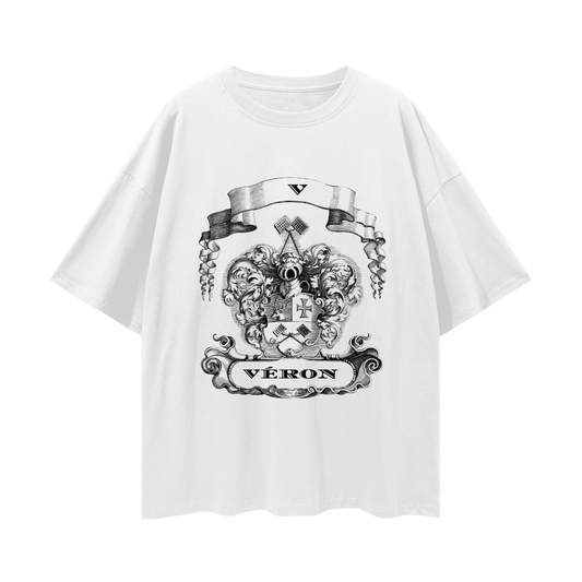 White t-shirt with black graphic design and 'Véron' text on a white background