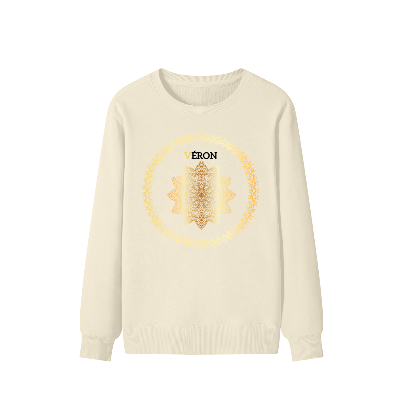 Beige sweatshirt with a circular design and 'Veron' branding on a white background