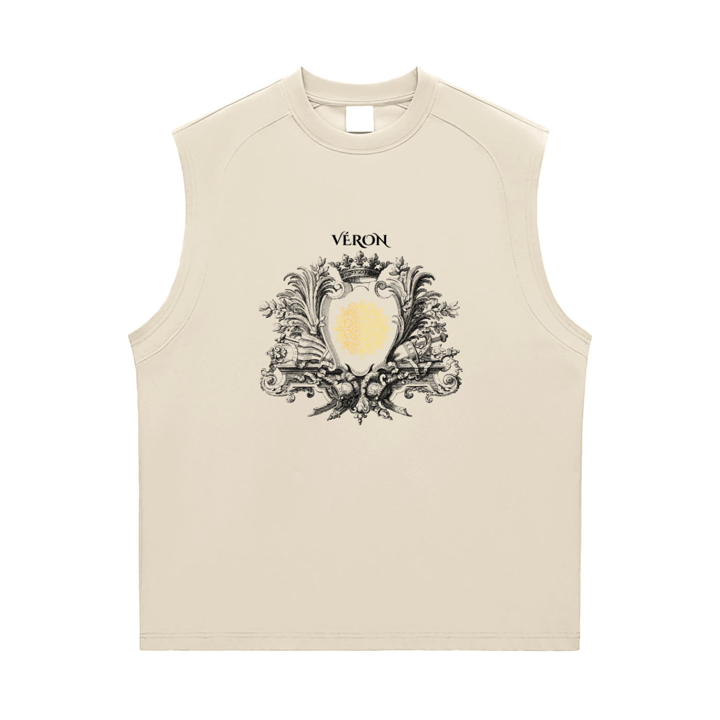 Beige sleeveless shirt Tank Top with decorative emblem and 'Véron' text on a white background
