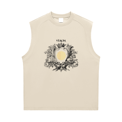 Beige sleeveless shirt Tank Top with decorative emblem and 'Véron' text on a white background