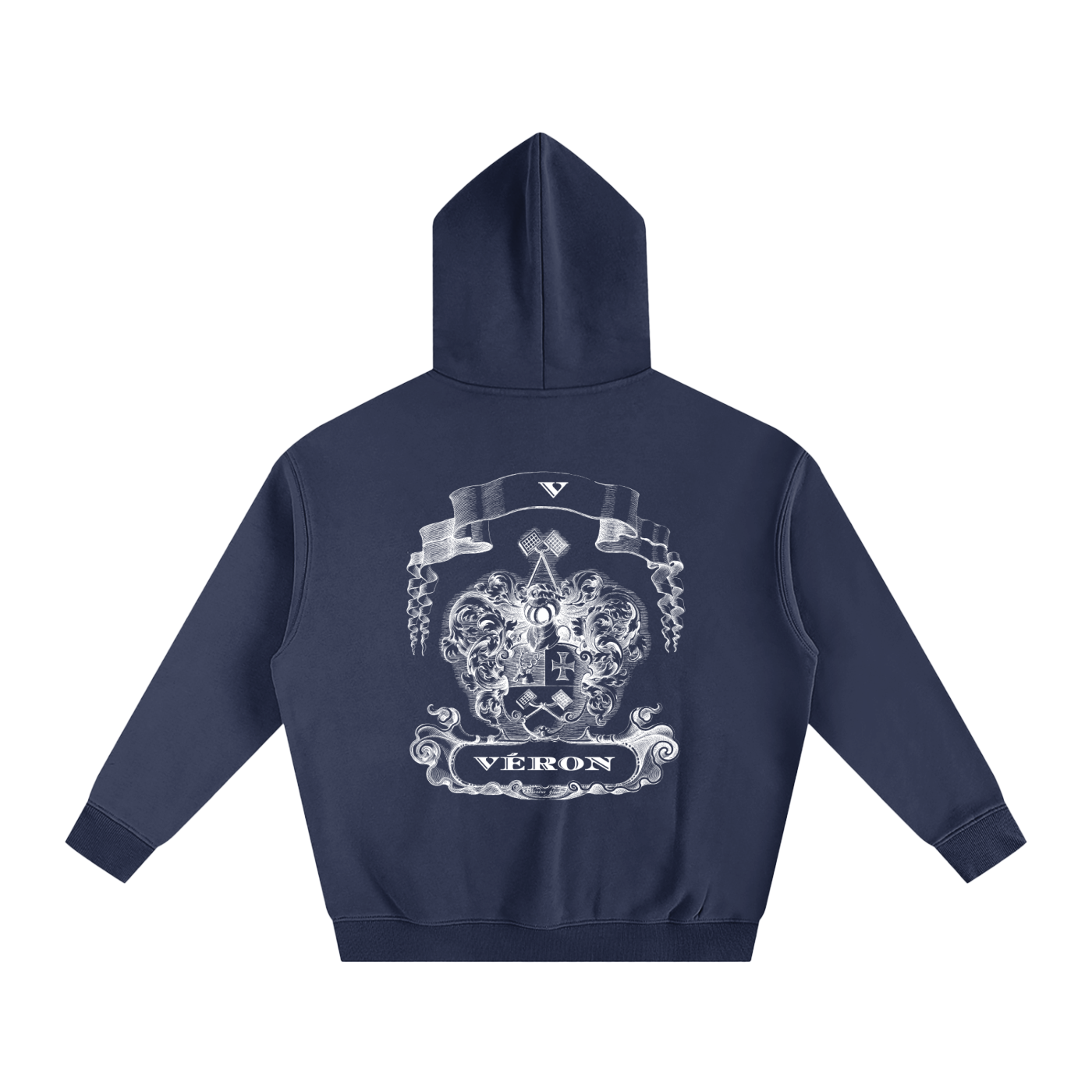 Navy blue hoodie with a white emblem and 'VERON' text on the back against a white background