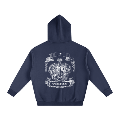 Navy blue hoodie with a white emblem and 'VERON' text on the back against a white background