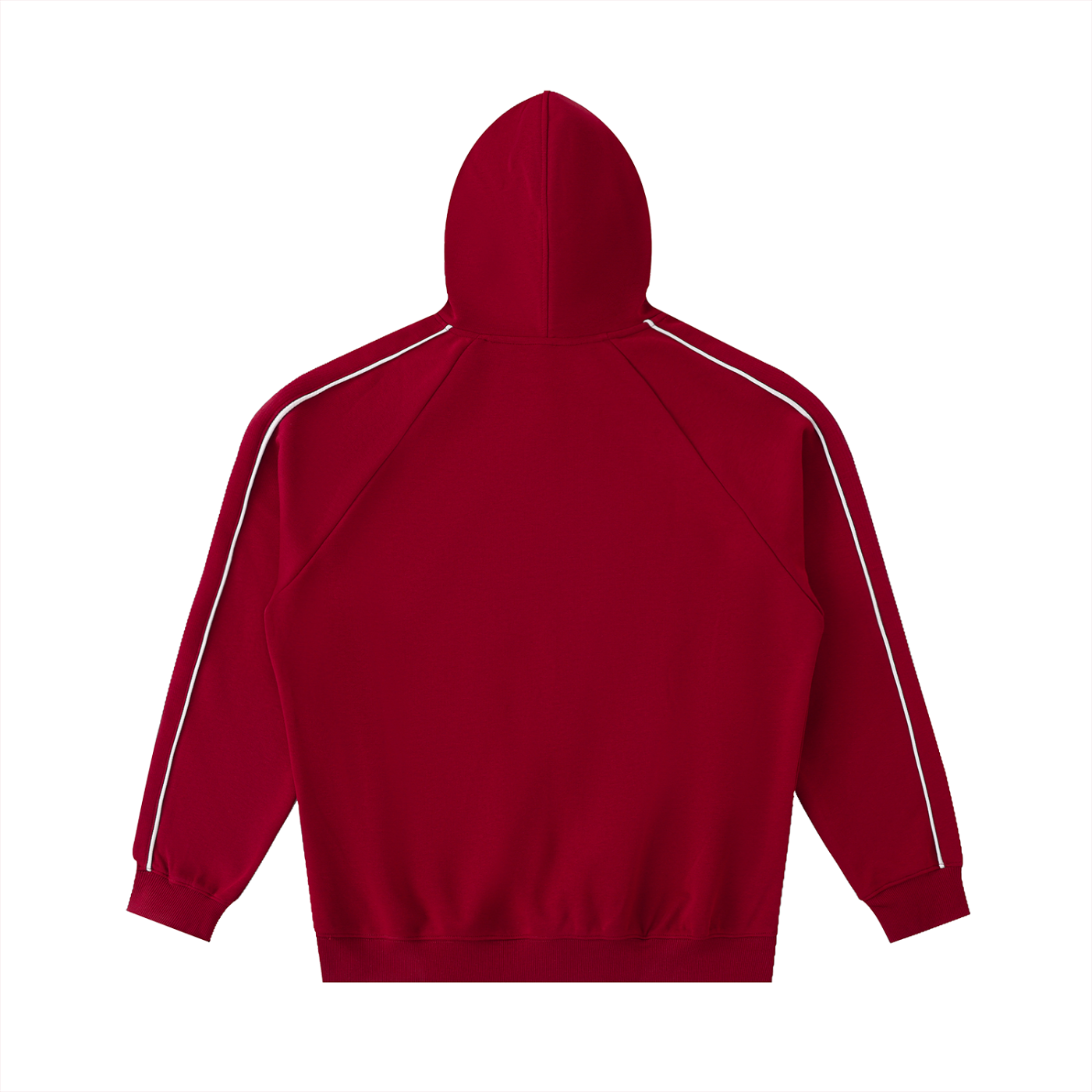Red hoodie with white stripes on sleeves against a white background