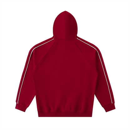 Red hoodie with white stripes on sleeves against a white background