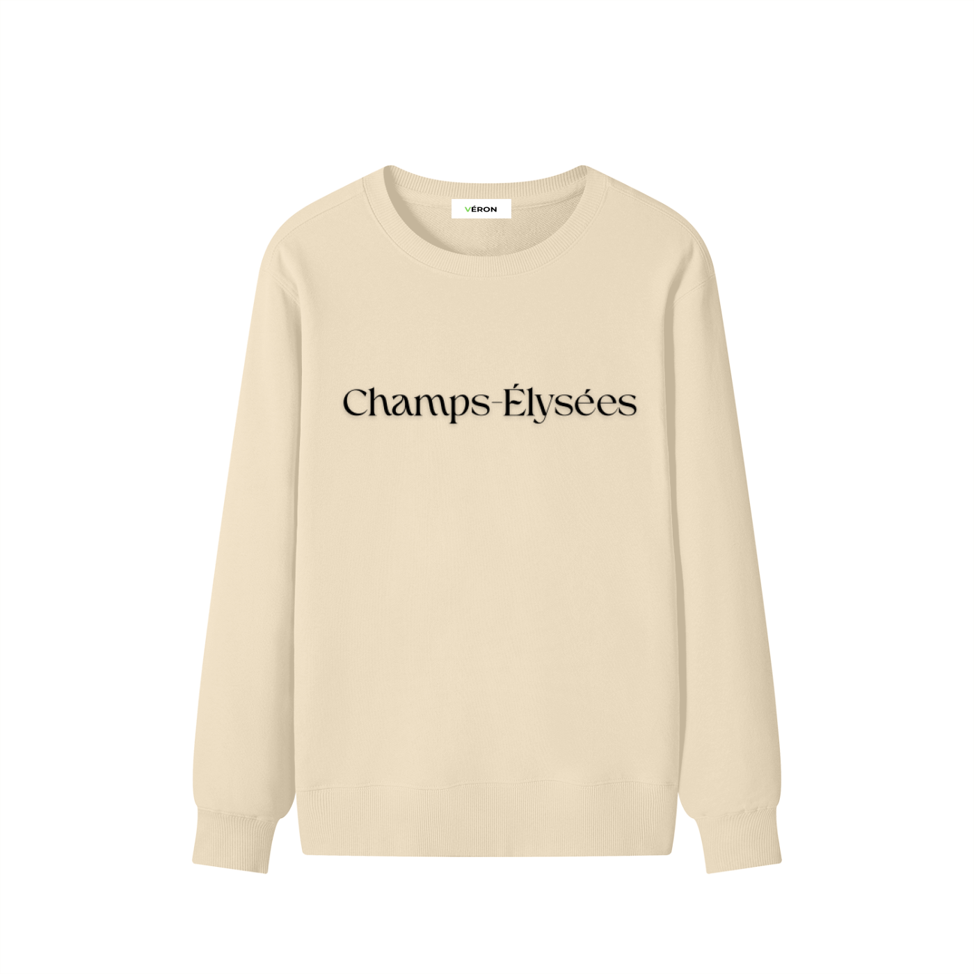 Beige sweatshirt with 'Champs Elysees' text on a white background