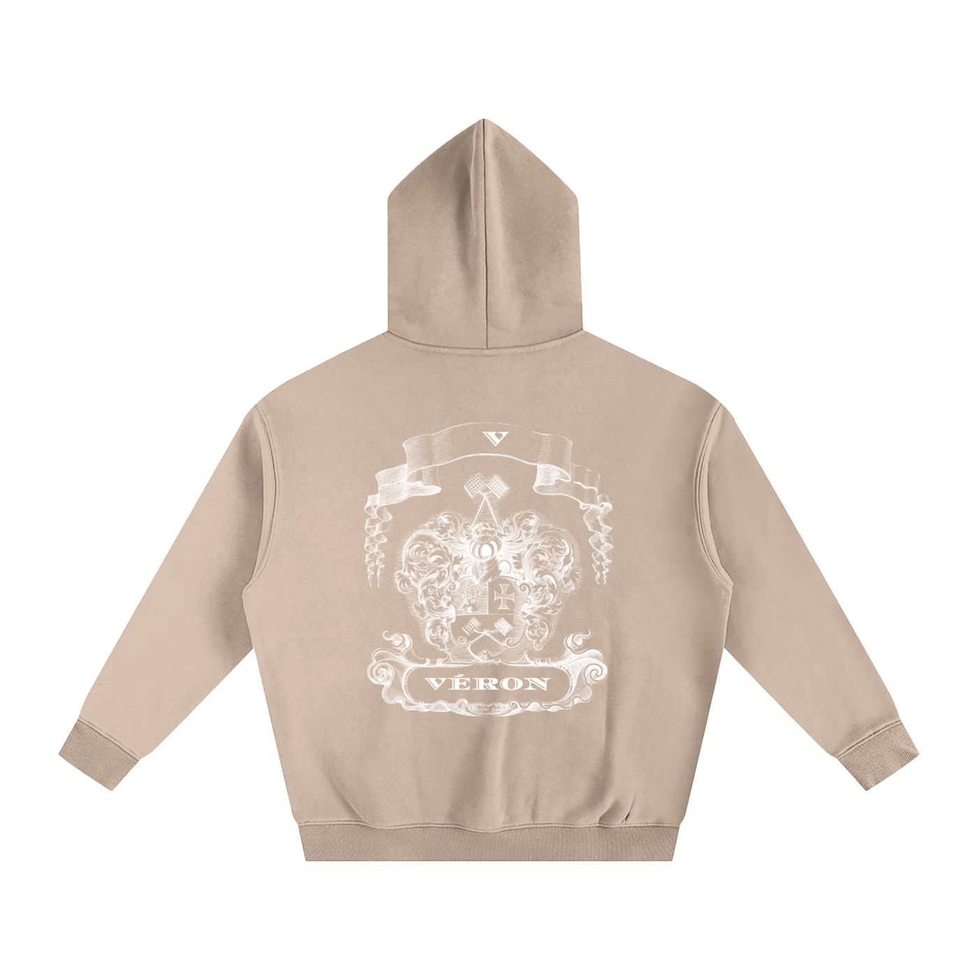 Veron Beige hoodie with a white logo and text on the back against a white background