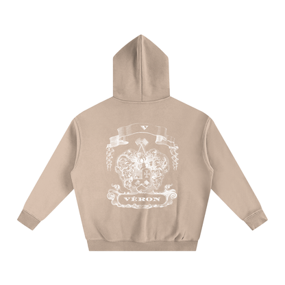 Veron Beige hoodie with a white logo and text on the back against a white background