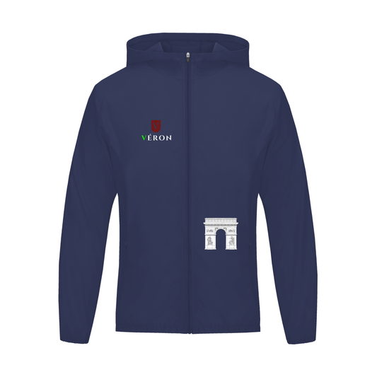 Embroidered Arc de Triomphe logo on premium VÉRON jacket.

