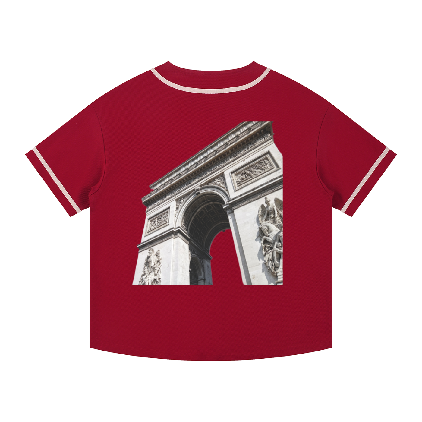 Back view of VÉRON Arc de Triomphe shirt showcasing detailed stitching.

