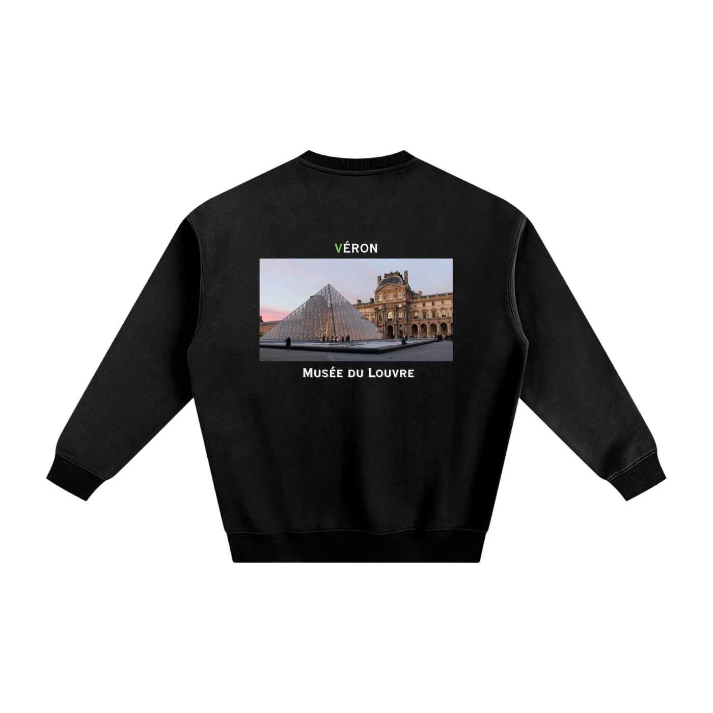 Black sweatshirt with a graphic of the Louvre Museum on the back