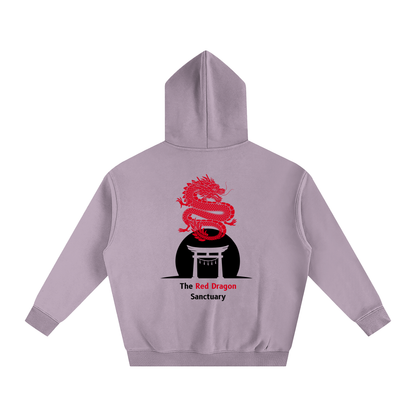 Purple hoodie with red dragon design on the back on a white background