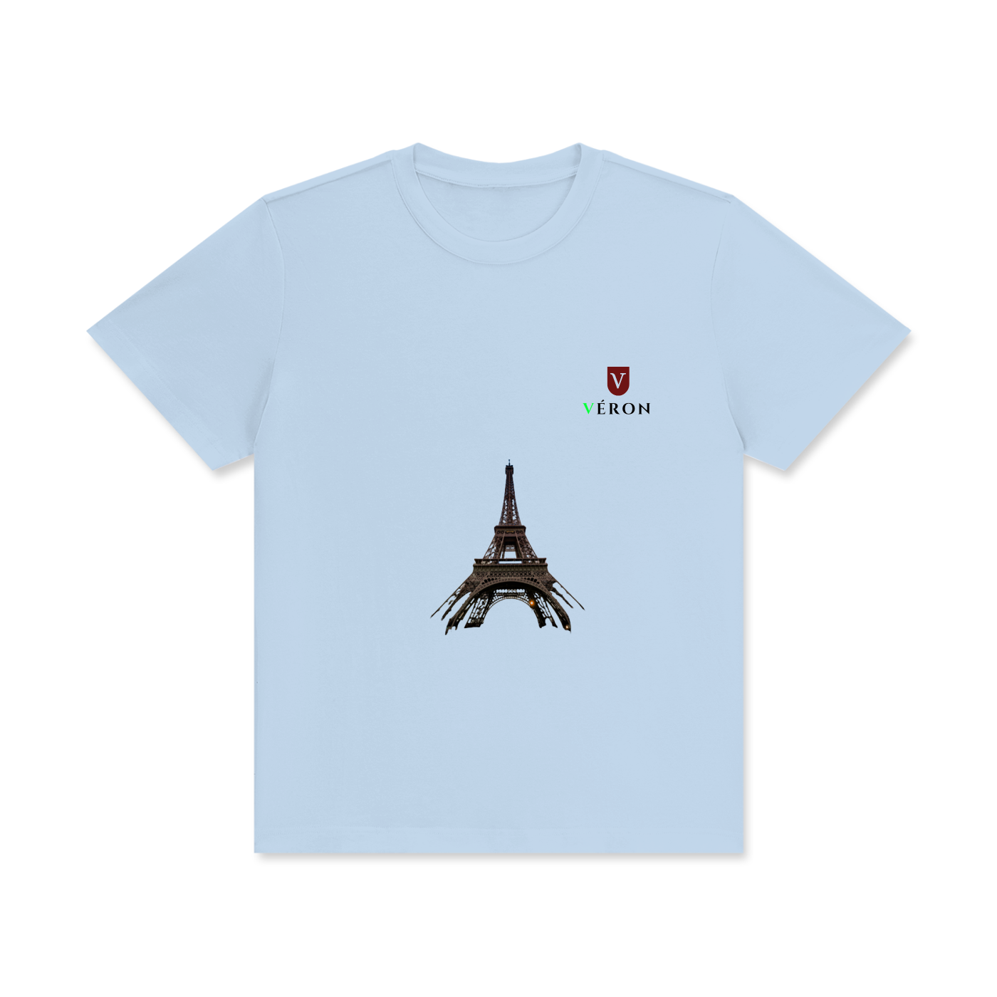 Light blue t-shirt with Eiffel Tower graphic and brand logo on a white background