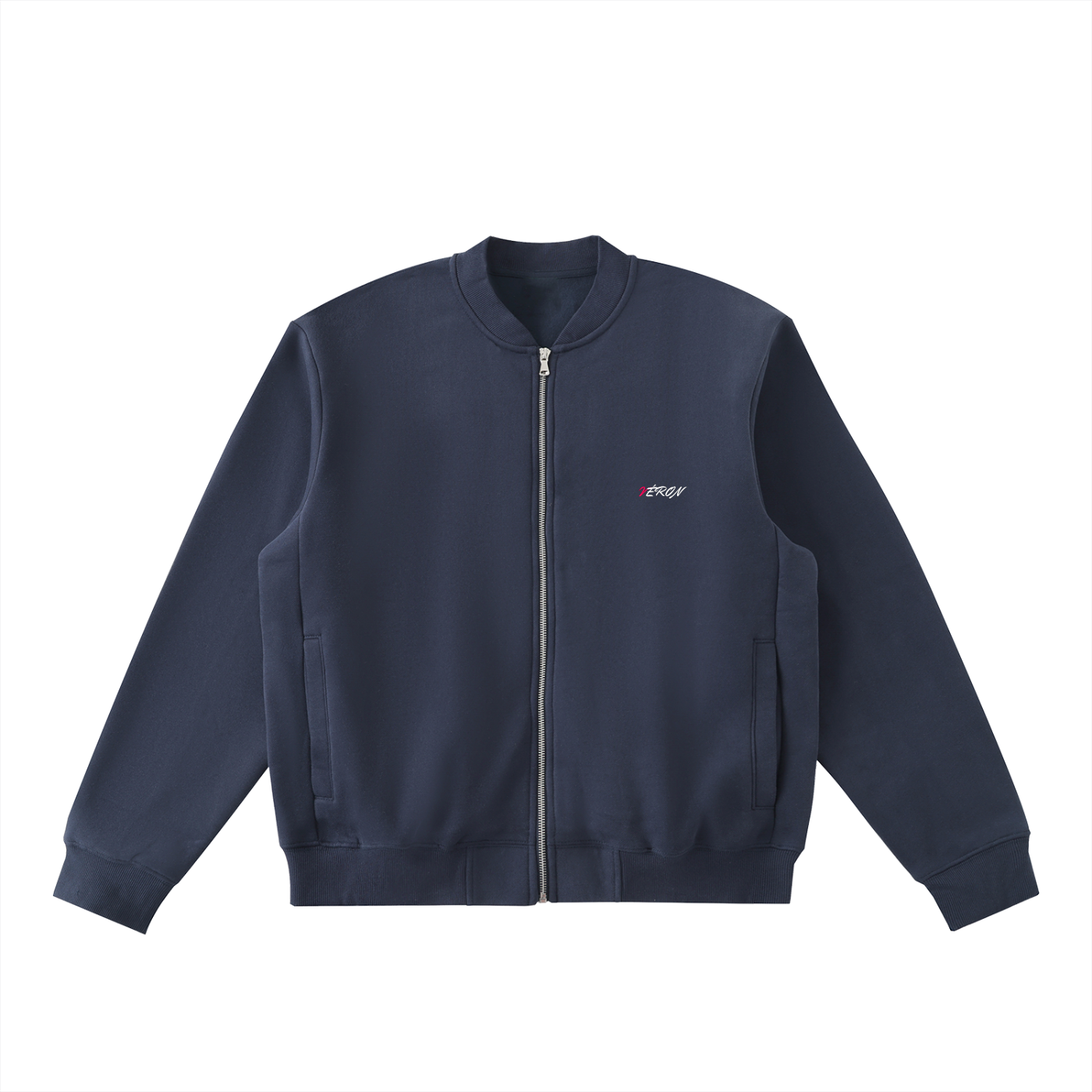 Navy blue jacket with a small logo on a white background