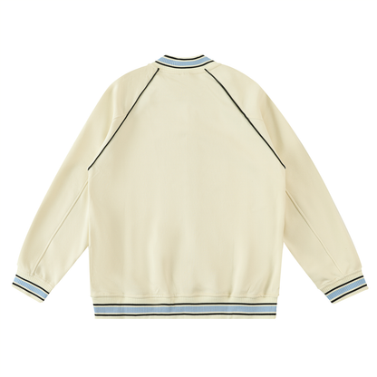 Back view of VÉRON luxury varsity jacket with bold French-inspired design