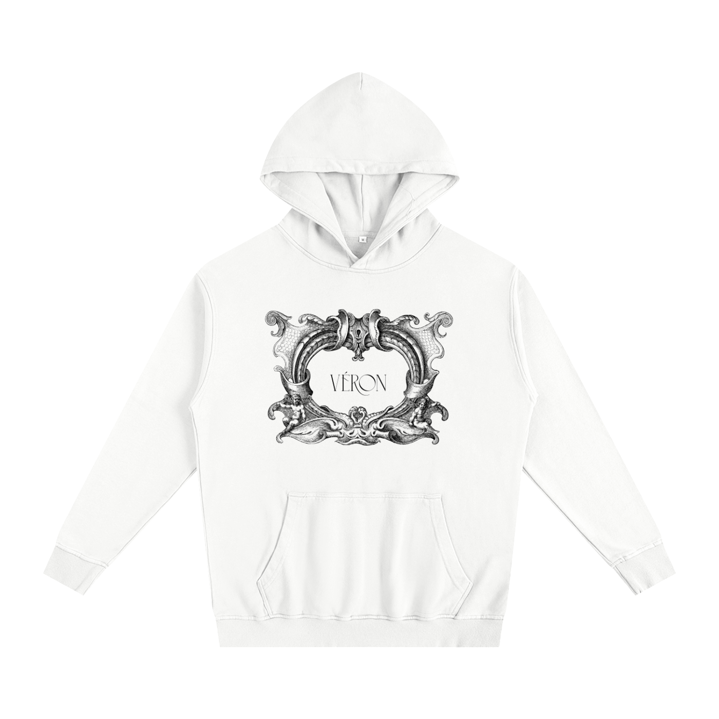 White hoodie with decorative emblem and 'VERON' text on a white background