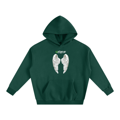 Green hoodie with angel wings and text on a white background
