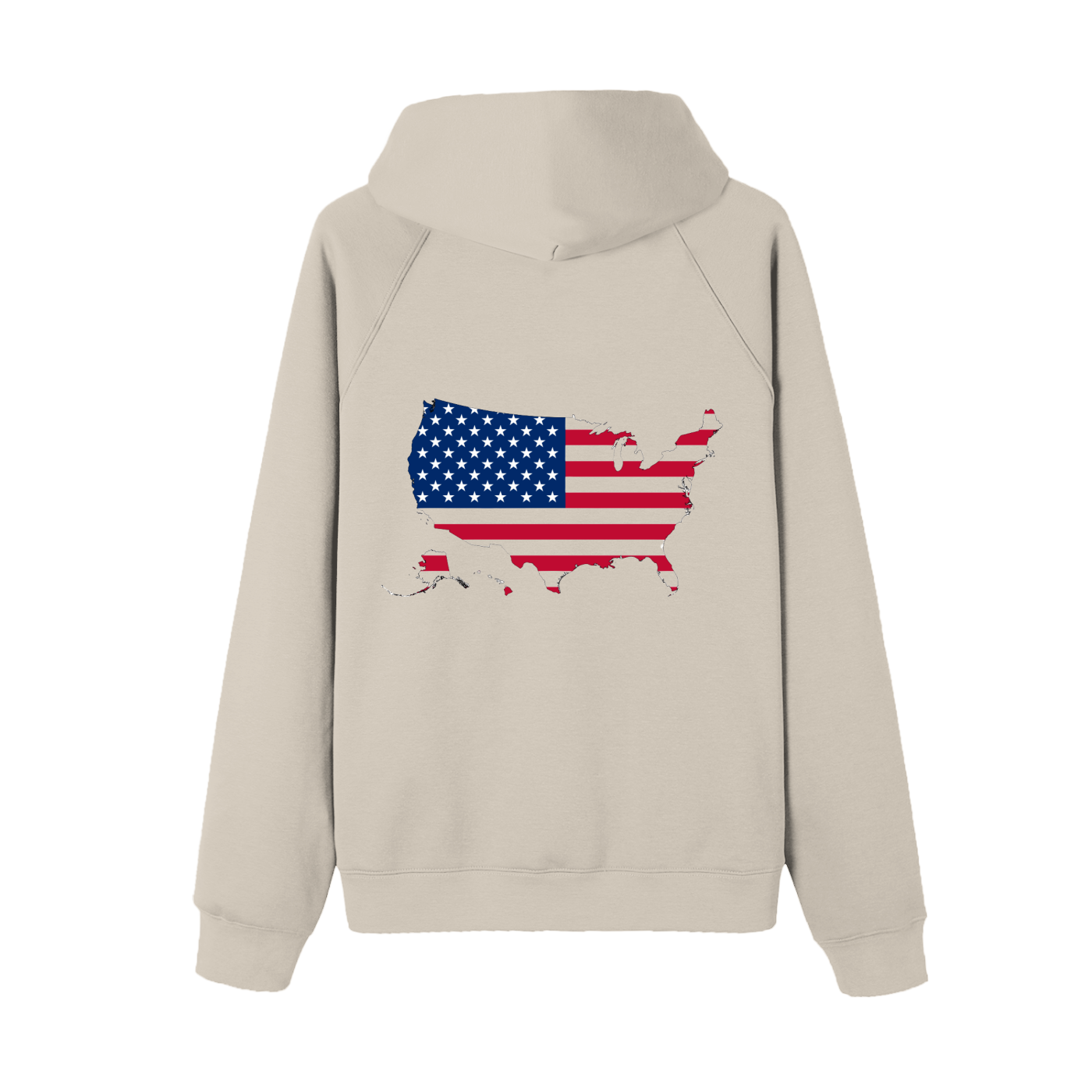 VERON Beige hoodie with American flag design on the back against a white background