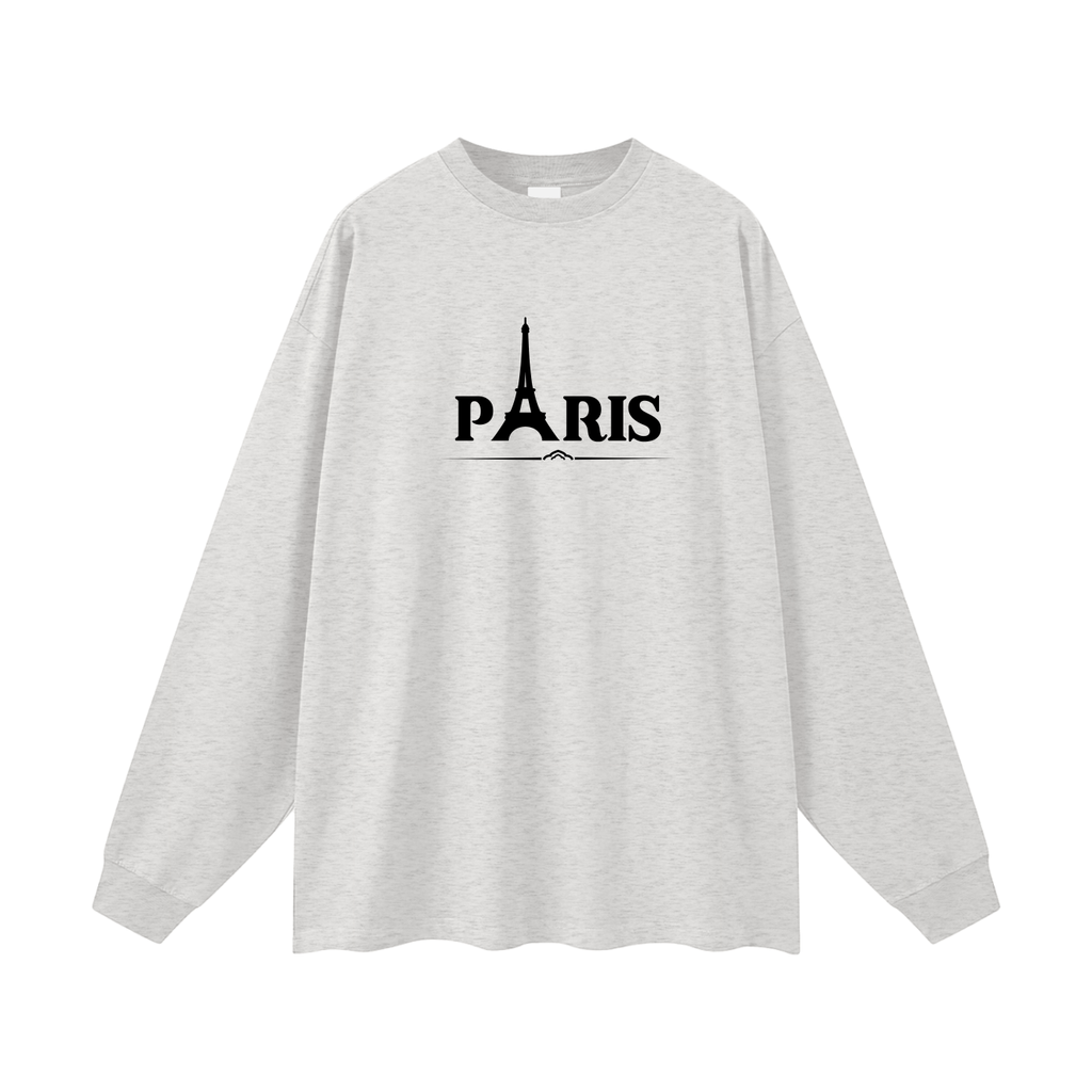 Gray sweatshirt with 'PARIS' and Eiffel Tower graphic on a white background