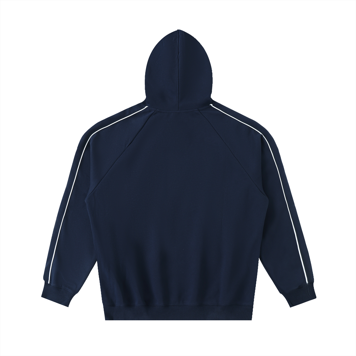 Navy blue hoodie with white stripes on sleeves on a white background