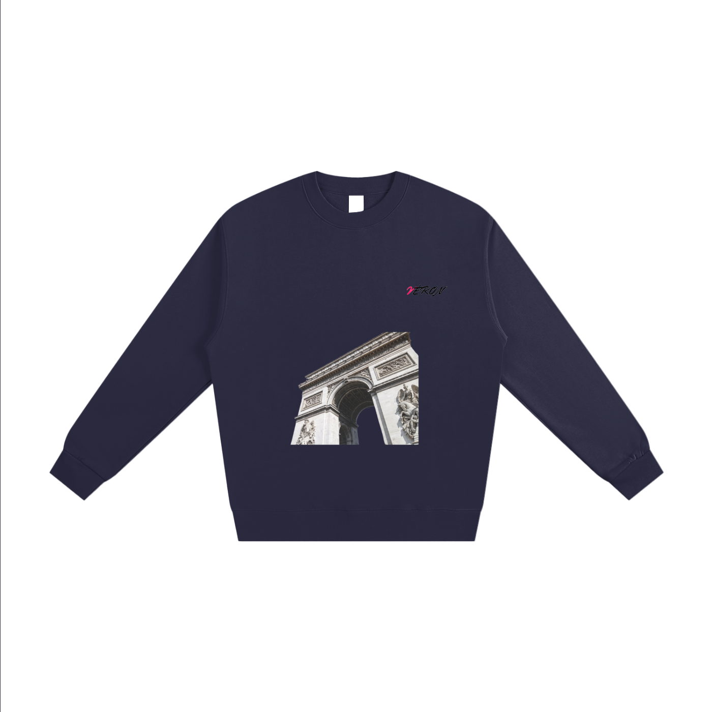 Navy blue sweatshirt with a graphic design on a white background