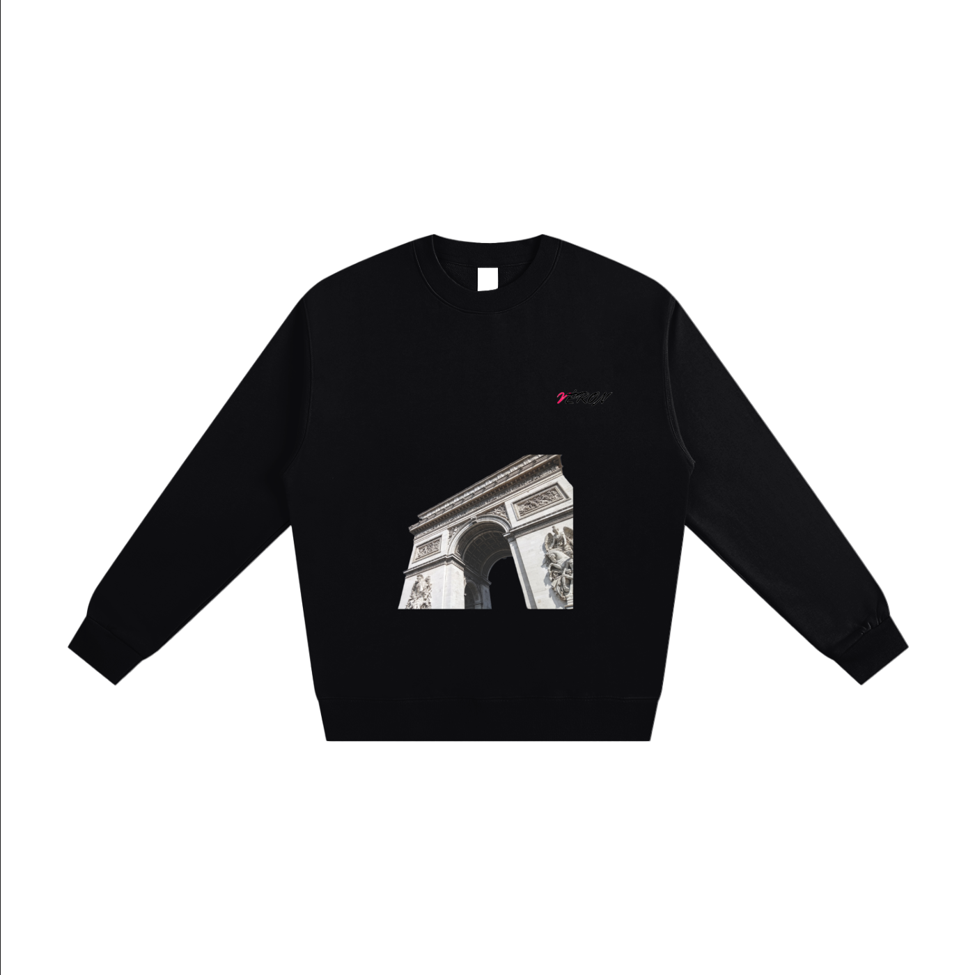 Black sweatshirt with a graphic design on a white background