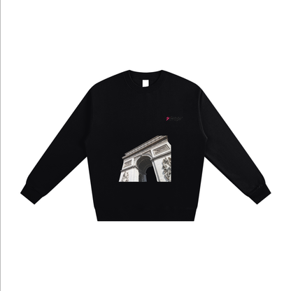 Black sweatshirt with a graphic design on a white background